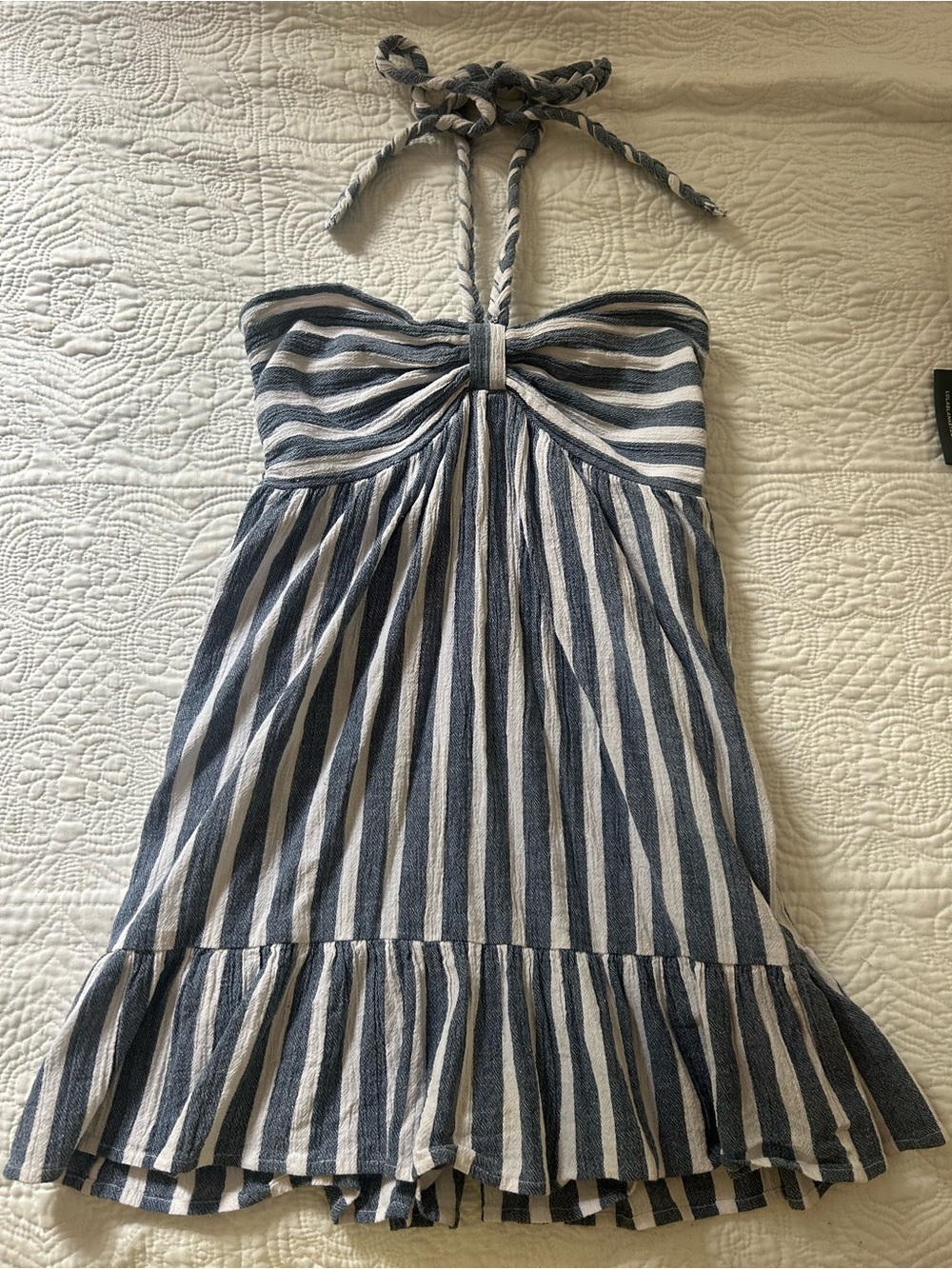 Show Me Your Mumu- Navy and Cream Striped Halter / strapless Dress